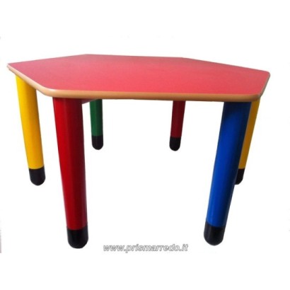 tavolo esagonale multicolore Piano melaminico colore giallo, arancio, rosso ,blu bianco con spigolo arrotondati