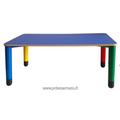 tavolo rettangolare multicolore con gambe colori vari misti, piano possibile nei colori giallo,arancio,blu,rosso,bianco magnolia