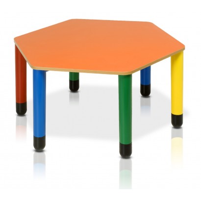 tavolo esagonale multicolore Piano melaminico colore giallo, arancio, rosso ,blu bianco con spigolo arrotondati