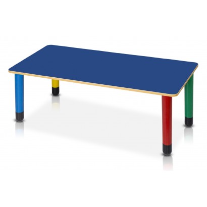 tavolo rettangolare multicolore con gambe colori vari misti, piano possibile nei colori giallo,arancio,blu,rosso,bianco magnolia